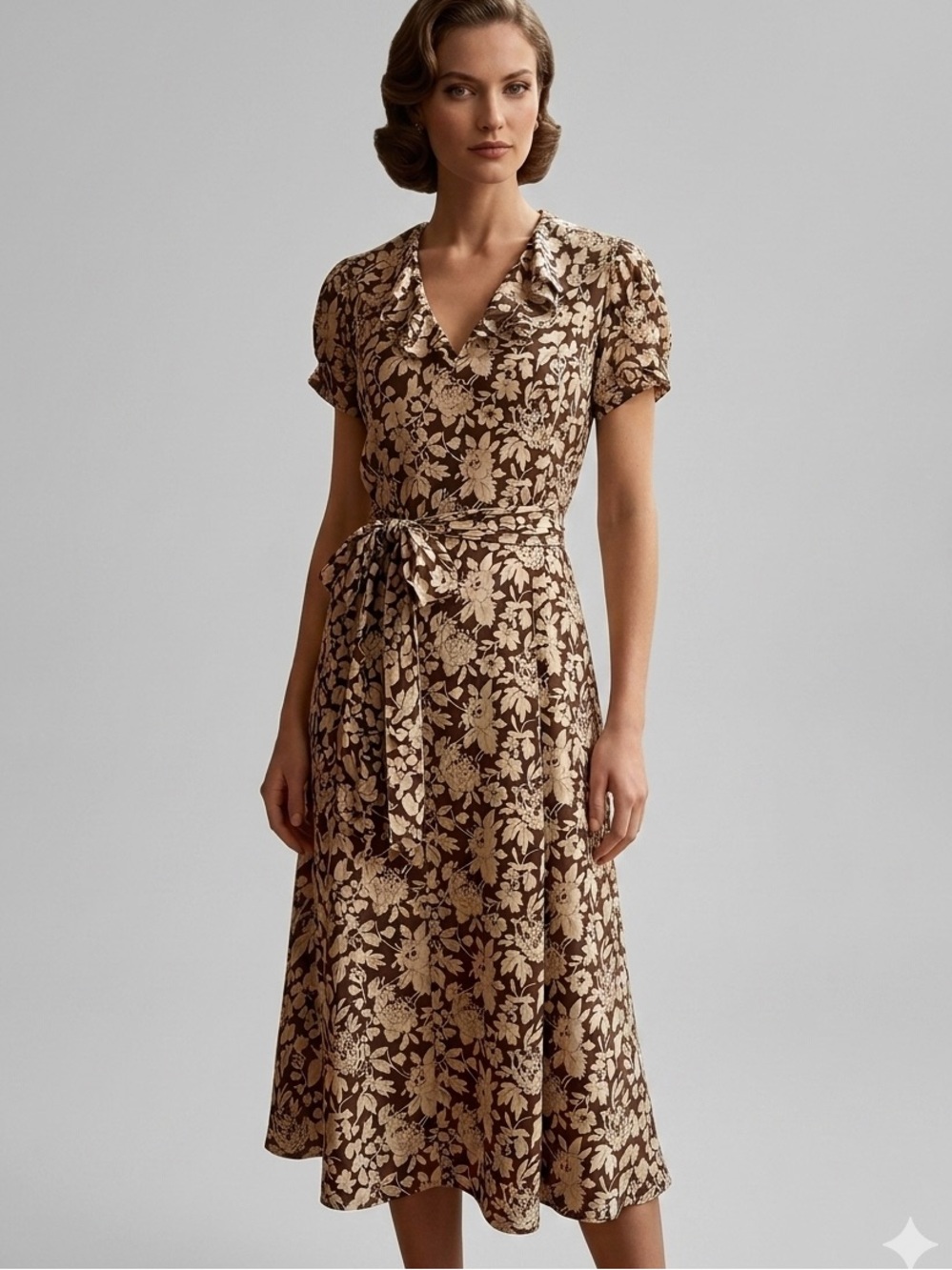 Ralph Lauren Brown Cream Floral Ruffled 100% Silk Midi Dress Size 6